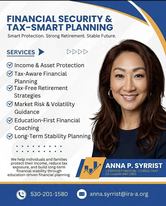 An advertisement for financial services featuring the text 'Financial Security & Tax-Smart Planning' with a list of services including income protection, tax-aware planning, and financial coaching. The ad includes contact information for Anna P. Syrrist, a licensed financial consultant, accompanied by a professional headshot.